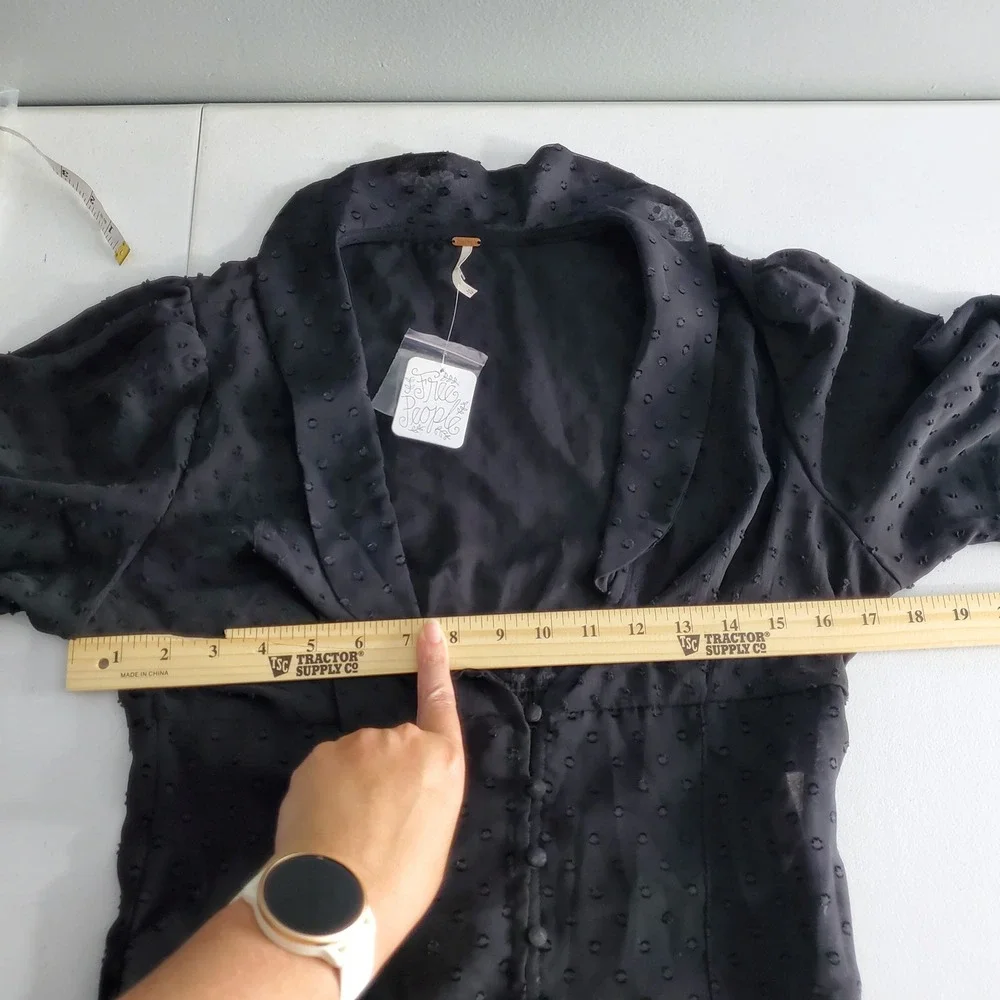 Free People Black Sheer Clip Dot Button Front Smocked Back Blouse Med Coquette